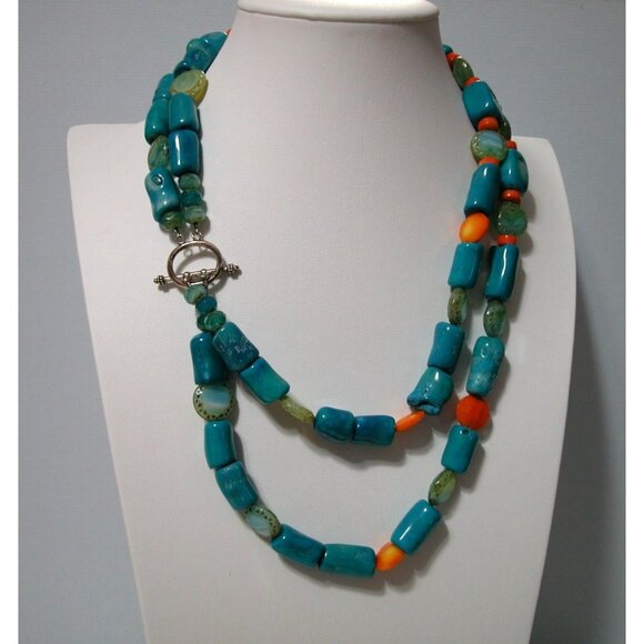 Turquoise & Coral Chunky Beaded Necklace With Toggle Clasp - Picture 2 of 2
